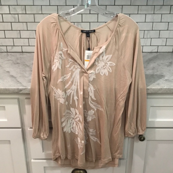 New Cable Gauge Tunic Womens Small Beige Floral Embroidered Top Bohemian Artsy - Picture 1 of 9